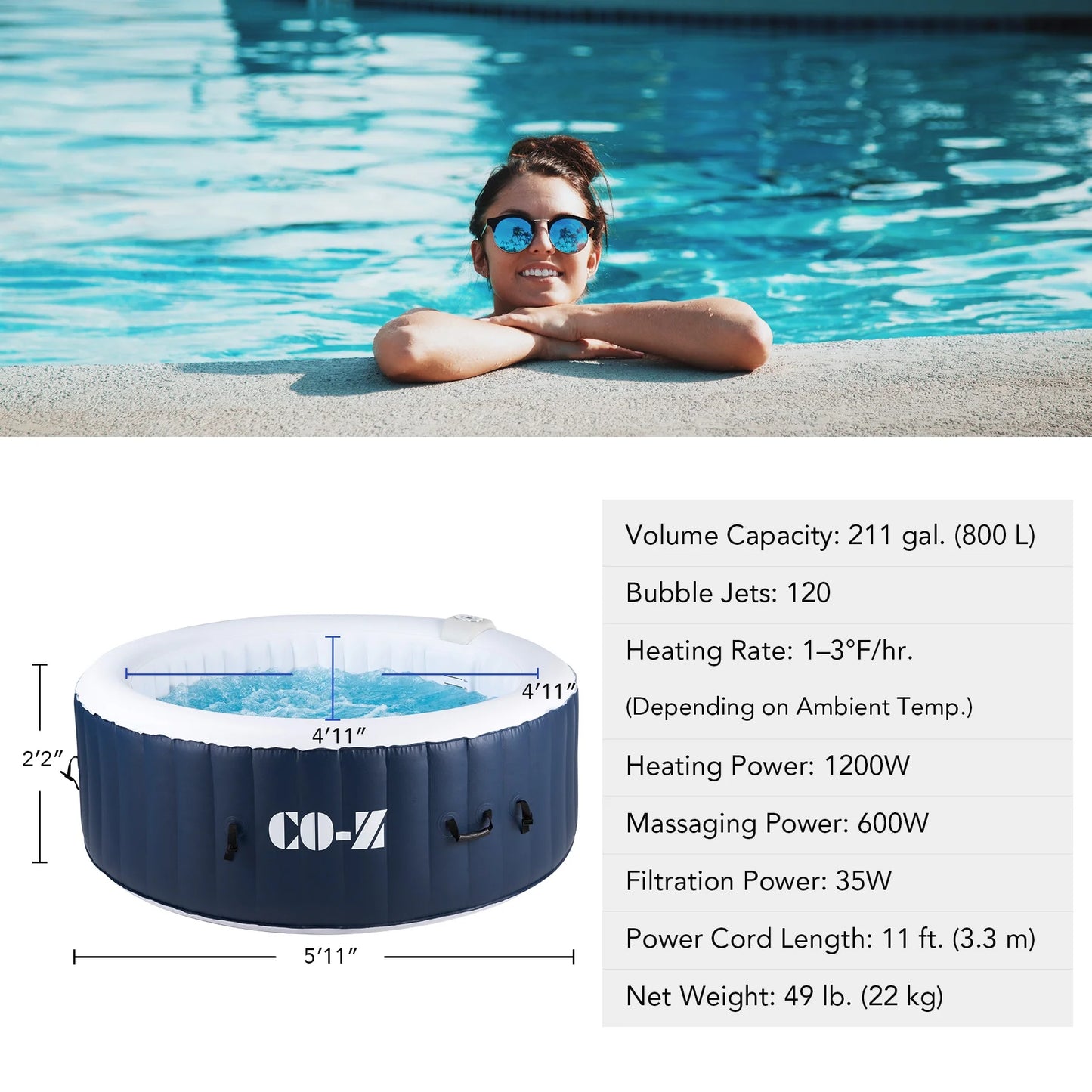 PVC 4-Person Inflatable Bathtub w 120 Jets & Hot Tub Cover for Backyard & More Blue