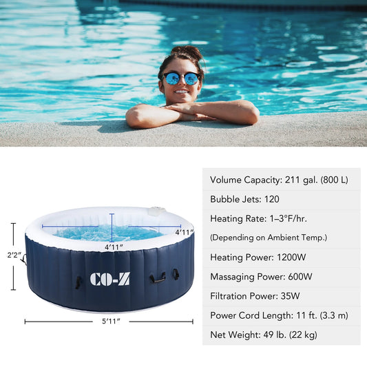 PVC 4-Person Inflatable Bathtub w 120 Jets & Hot Tub Cover for Backyard & More Blue
