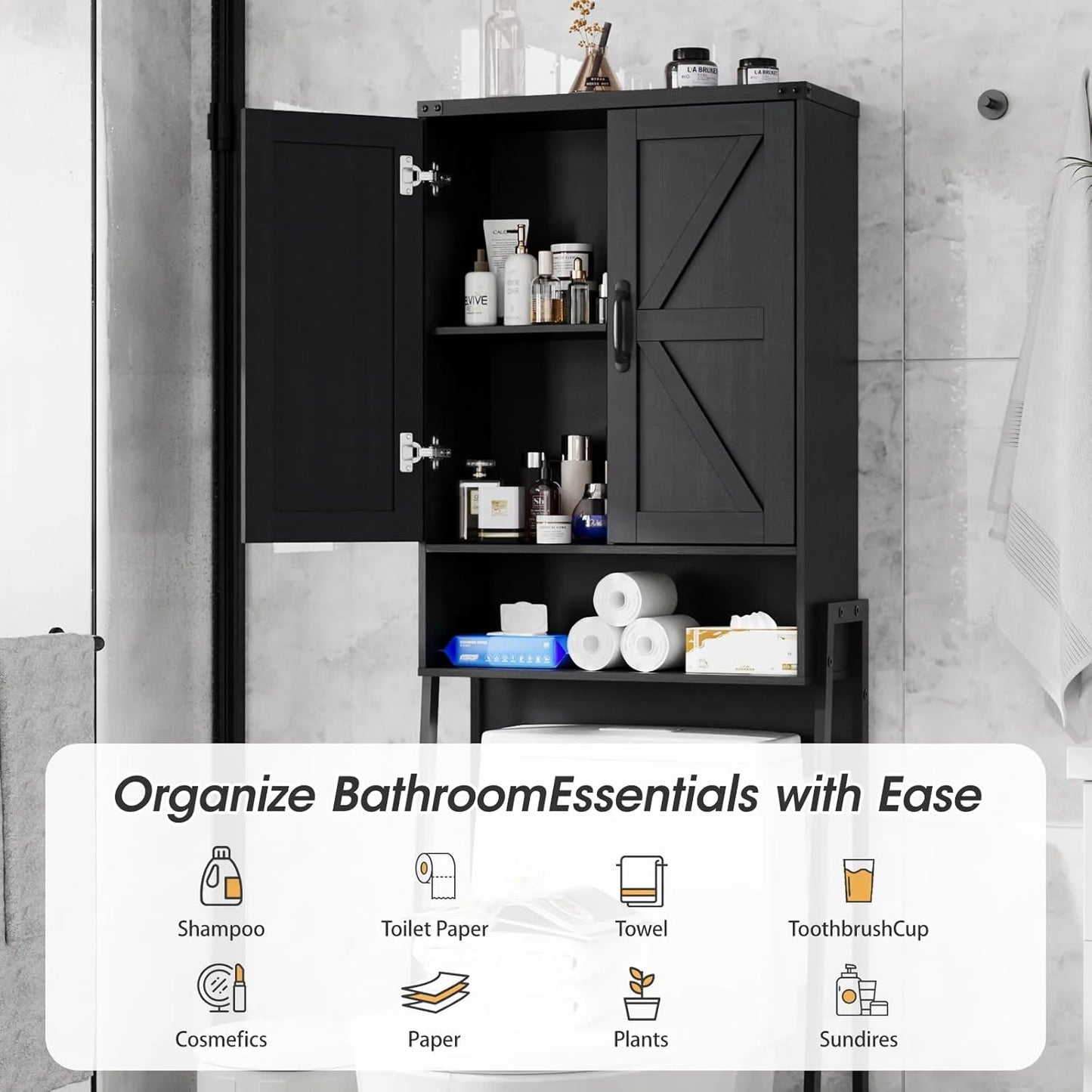 Vabches Over The Toilet Storage Cabinet, 68" H Farmhouse Freestanding Bathroom Storage Organizer with Double Doors & Storage Shelves