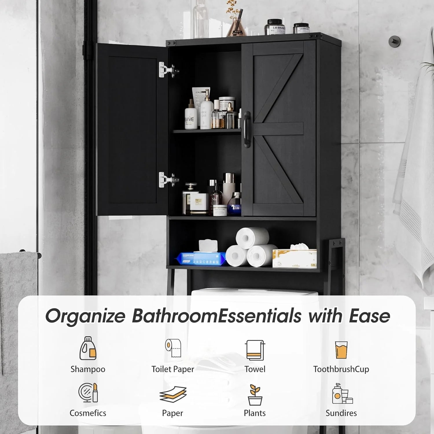 Vabches Over The Toilet Storage Cabinet, 68" H Farmhouse Freestanding Bathroom Storage Organizer with Double Doors & Storage Shelves