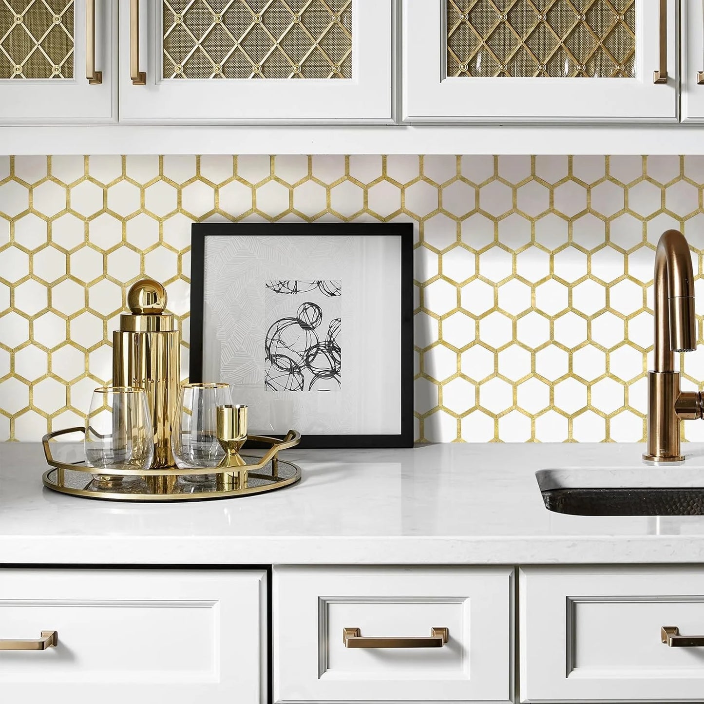 Hexagon Peel and Stick on Backsplash for Kitchen and Bathroom, White Marble Look PVC Mixed Metal Gold Self Adhesive Metal Mosaic Tiles(10 Sheets, Seamless)
