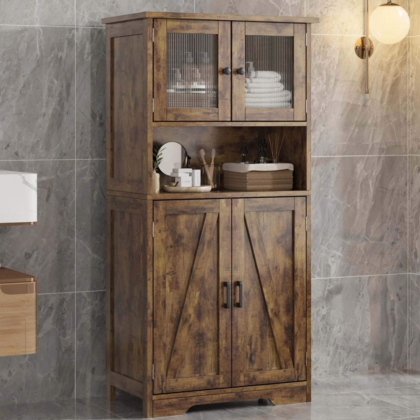 AOILE Farmhouse Bathroom Storage Cabinet with Glass Doors & Adjustable Shelves, Freestanding Kitchen Pantry Cabinet