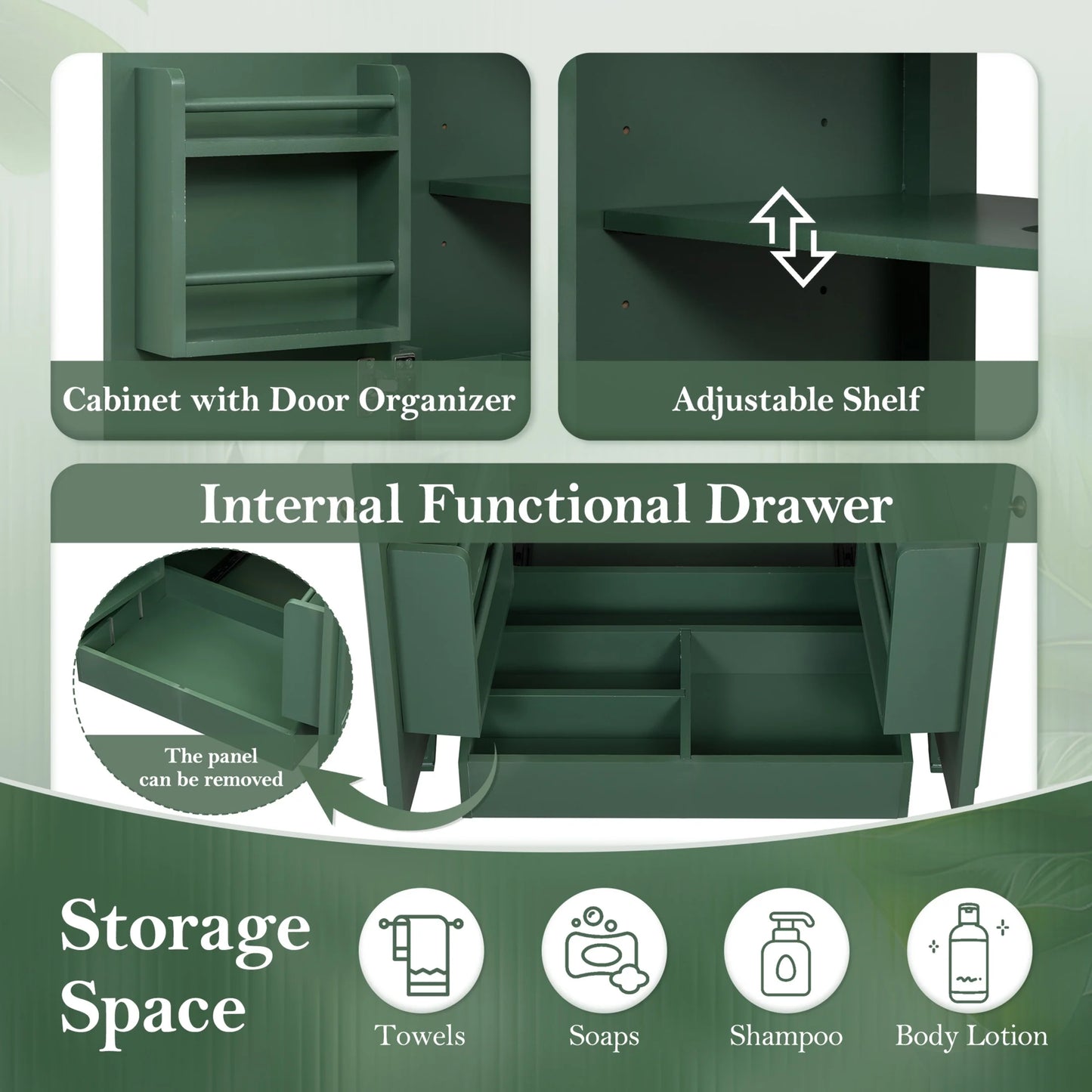 GDF Studio Vintage 30" Bathroom Vanity with Ceramic Sink, Soft-Close Door, and Ample Storage, Green