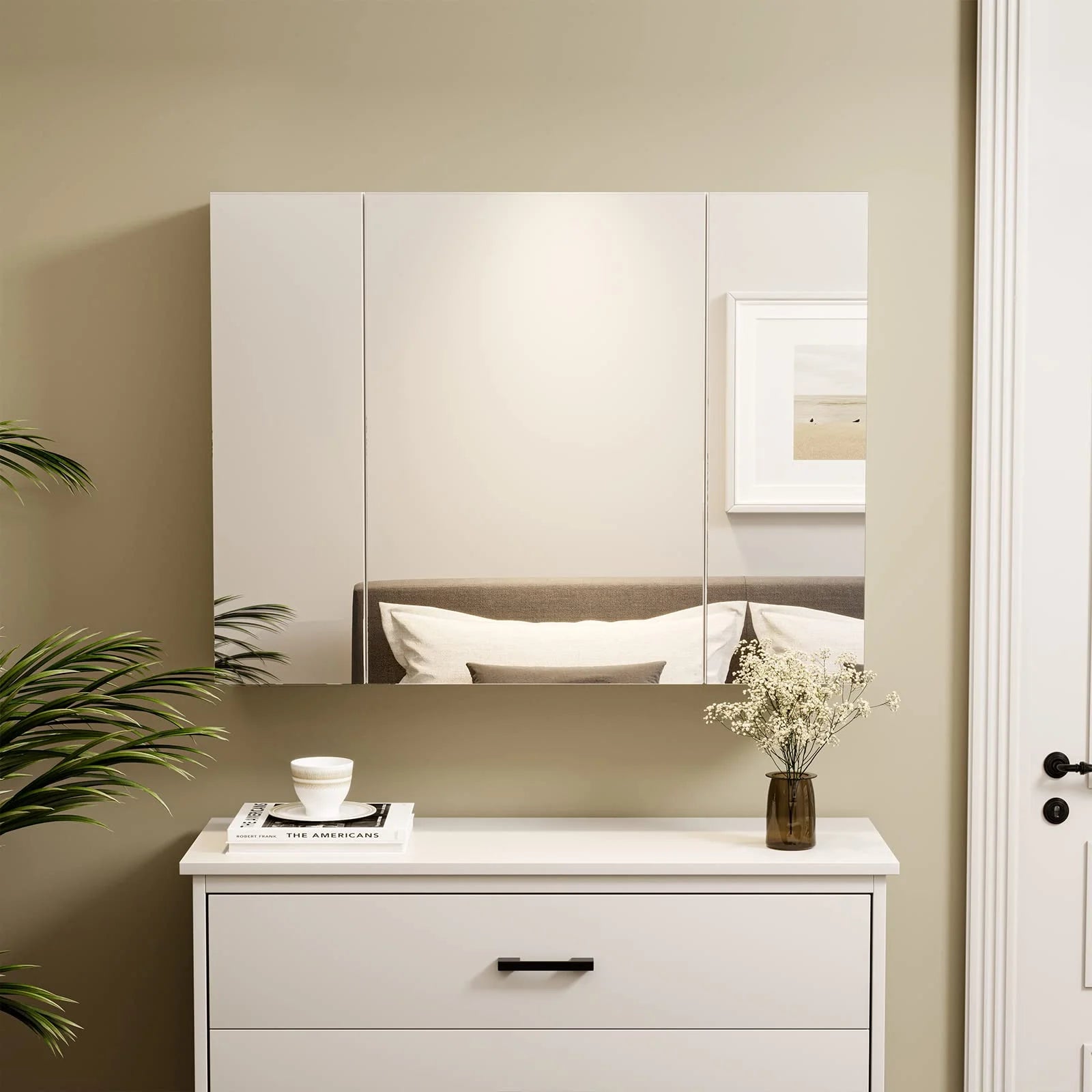 Medicine Cabinet Bathroom Wall Mirror Cabinet with 3 Door & 3 Adjustable Shelf, Multipurpose Storage Organizer for Kitchen Living Room, White