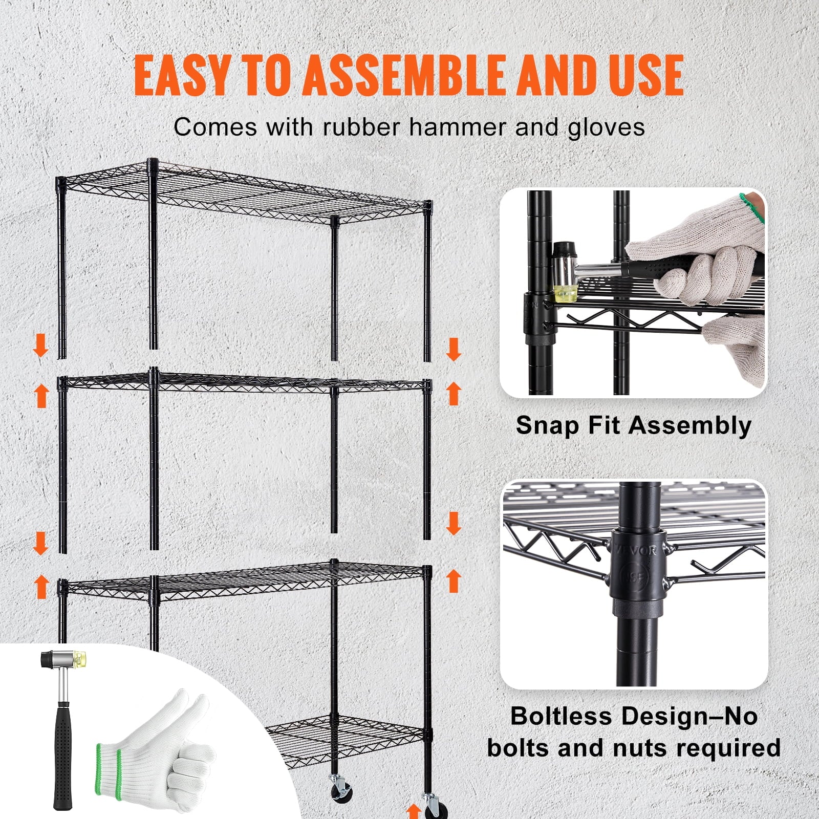 VEVOR Storage Shelving Unit with Wheels,4-Tier Adjustable, 700 lbs Capacity,Heavy Duty Garage Shelves Metal Organizer Wire Rack, Black, 47.2" L x 17.7" W x 74" H for Kitchen Pantry Basement Bathroom