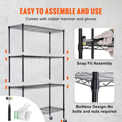 VEVOR Storage Shelving Unit with Wheels,4-Tier Adjustable, 700 lbs Capacity,Heavy Duty Garage Shelves Metal Organizer Wire Rack, Black, 47.2" L x 17.7" W x 74" H for Kitchen Pantry Basement Bathroom