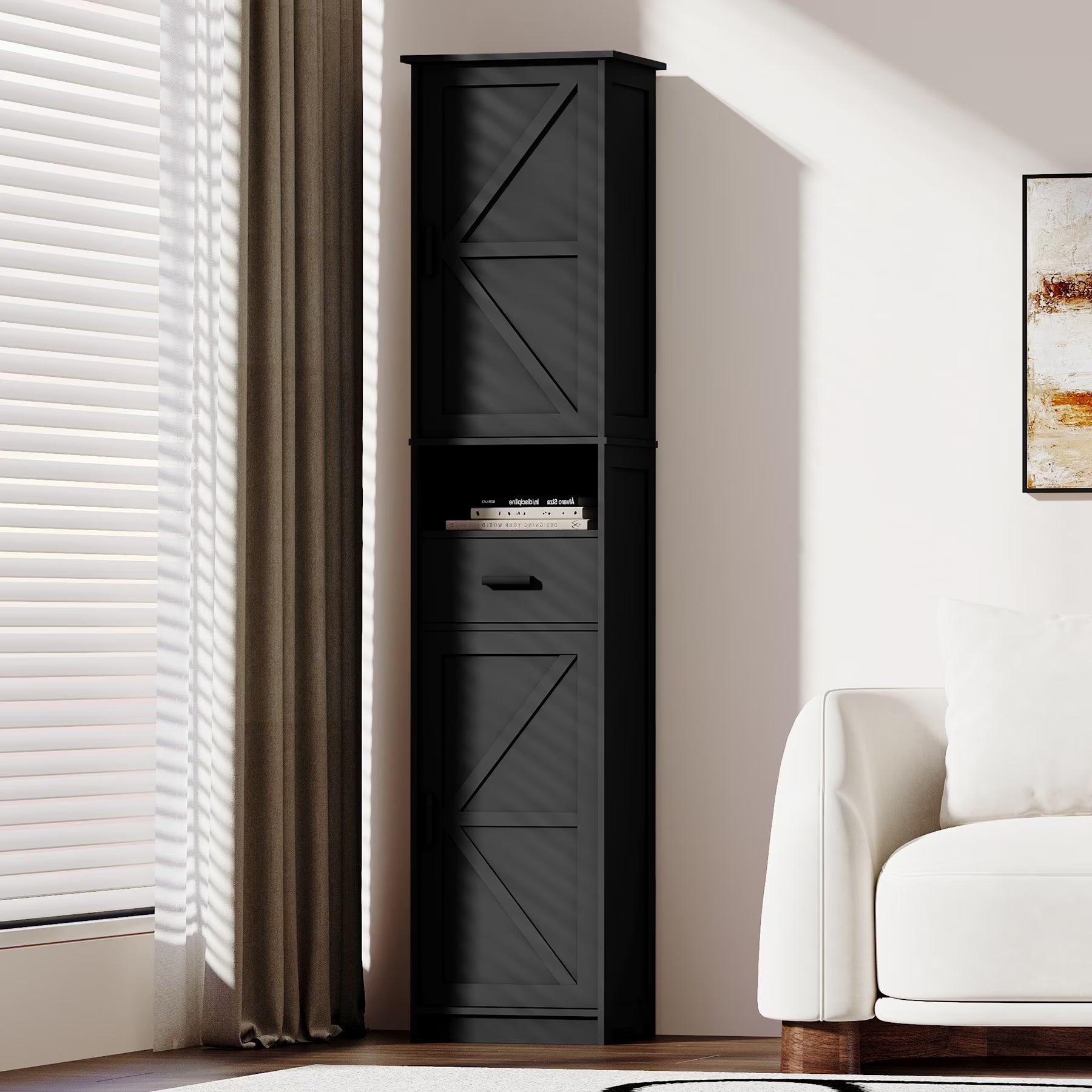 PORKISS Floor Storage Cabinet, Wood Pantry Cabinet with Doors and Drawer, Freestanding Narrow Bathroom Storage Organizer with Adjustable Shelves for Kitchen, Bathroom, Living Room, White