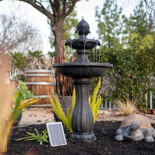 XBrand 44" H Black Fiberglass/Resin 2-Tier Solar Water Fountain w/ Solar Panel and Auto-Shut Off Pump, Solar Garden Fountain, Tall Outdoor Fountain, Two Tiered Birdbath Fountain