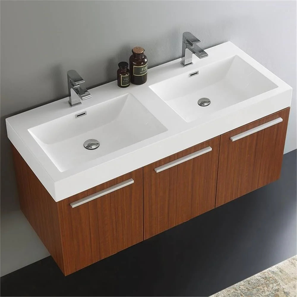 Vista 47"Wall Hung Dbl Sinks Wood Bathroom Cabinet in Brown