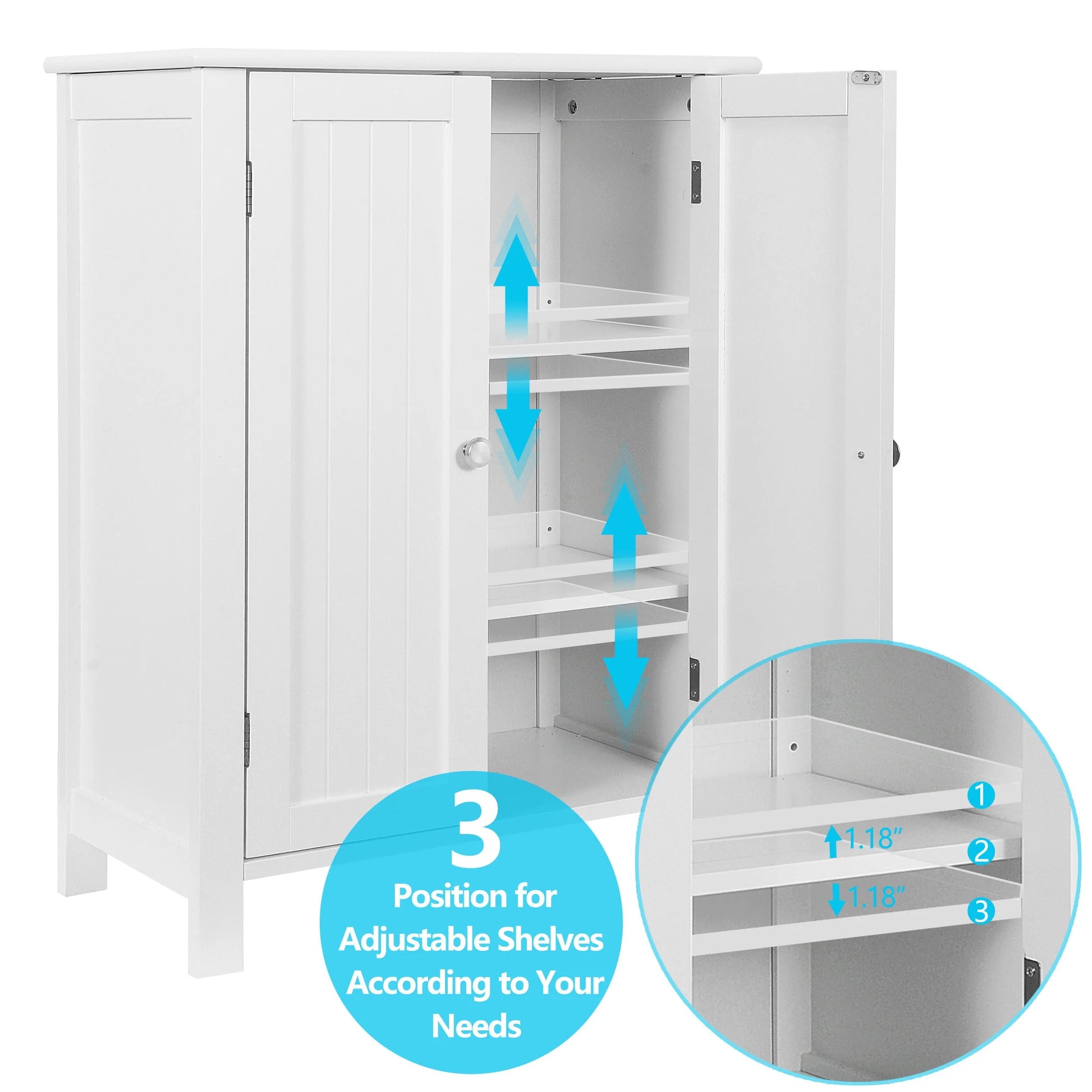 HomGarden 2-Door Bathroom Floor Storage Cabinet Side Cupboard W/ Adjustable Shelves, 11.8'' W, White