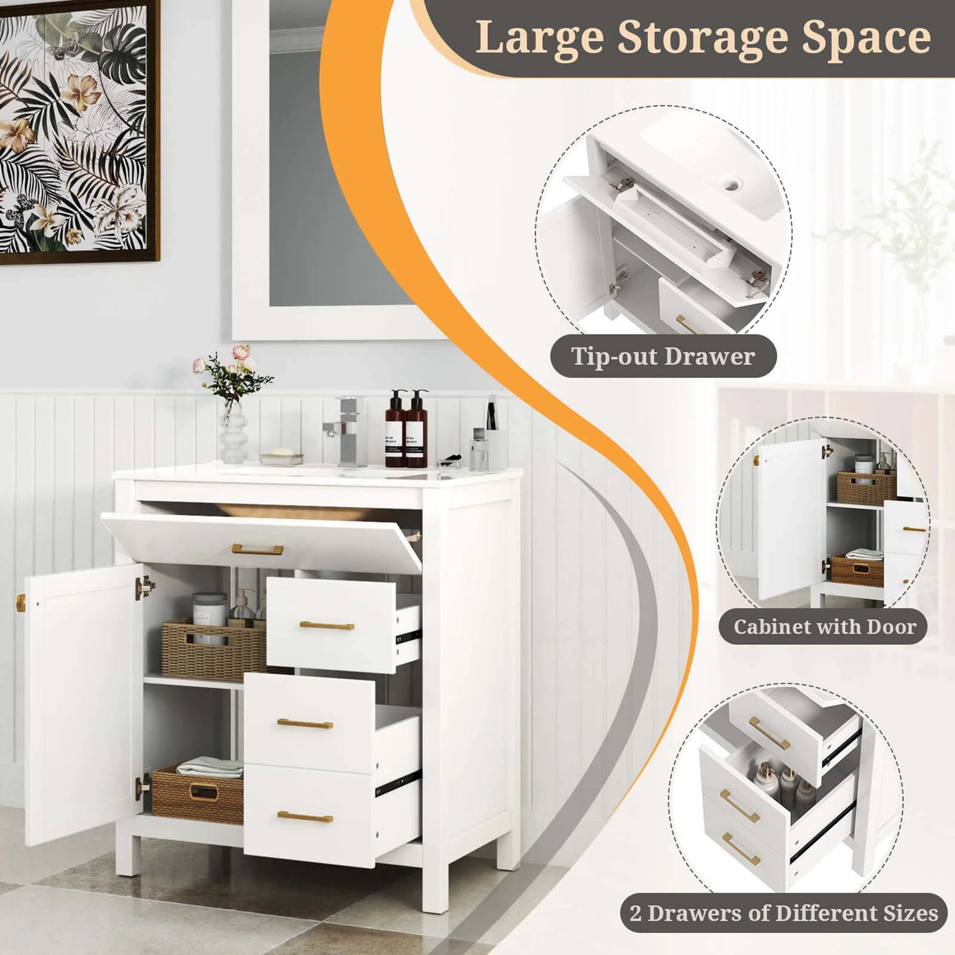 Costway 30" Bathroom Vanity with Sink 2 Drawers 1 Door 1 Flip-out Drawer Solid Wood Legs