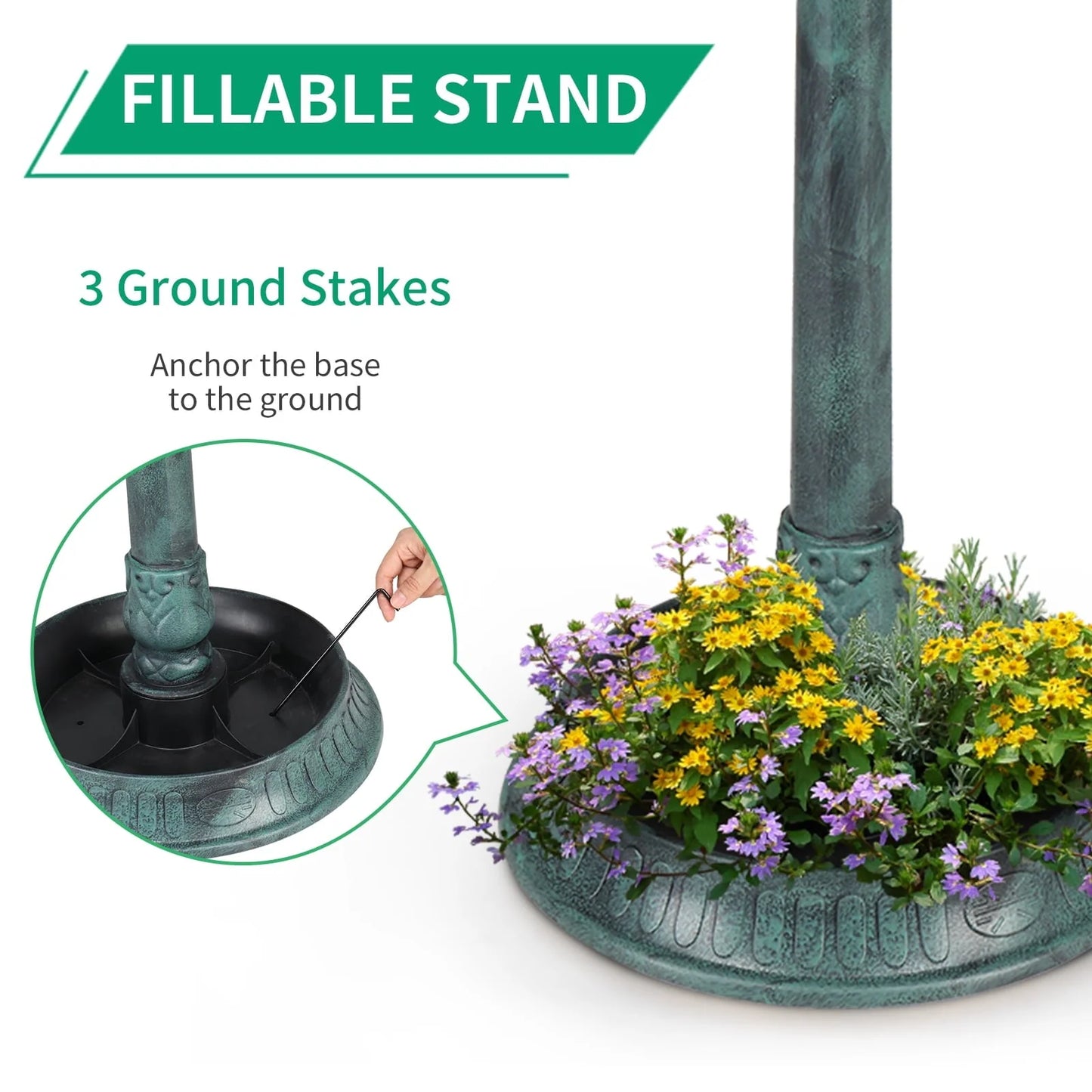 SamyoHome Wild Bird Bath Resin Pedestal Birdbaths with Solar Light Dark Green