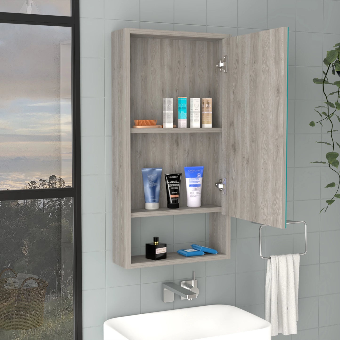 DUOSONG Medicine Cabinet Irvine, One External Shelf, Light Gray Finish Light Gray Particle Board Bath & Faucets Bathroom Storage