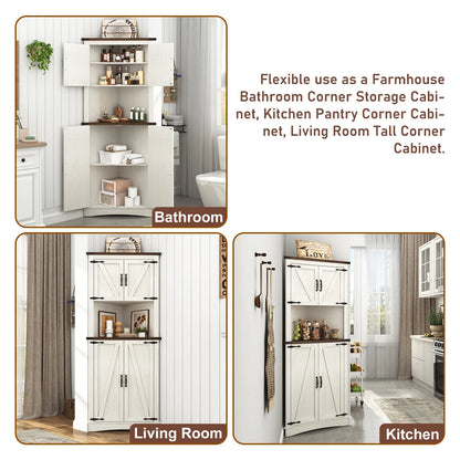 Blotout 68" Tall Farmhouse Corner Cabinet with 4 Doors, 28.3" W Barn Door Storage Cabinet with Adjustable Shelves, 5 Tier Corner Storage Cabinet for Bathroom,Living Room,Kitchen