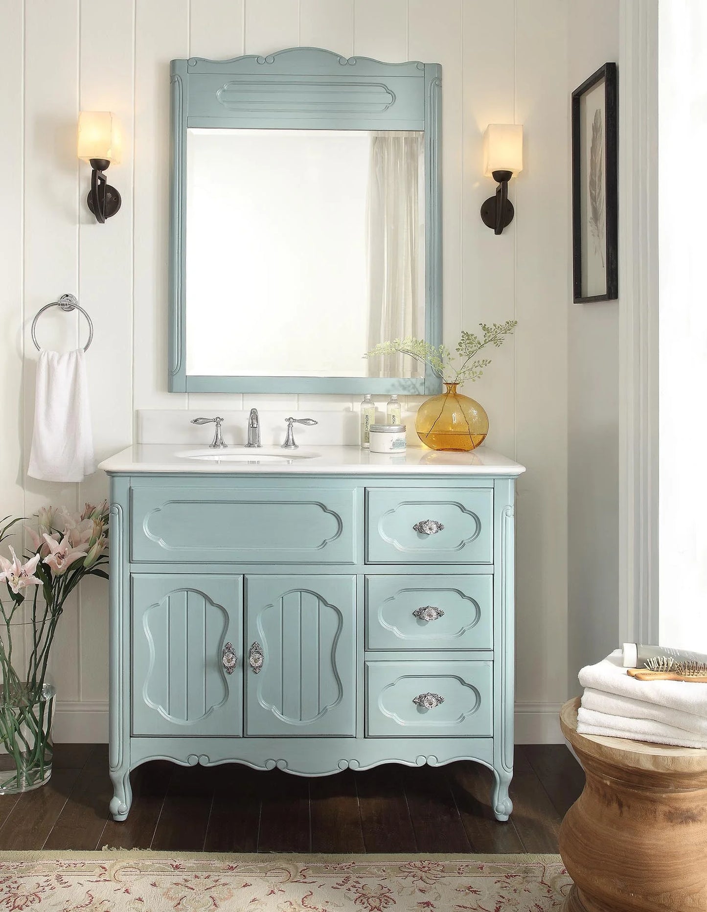 Benton Collection 42" Light Blue Cottage Bathroom Vanity with White Marble Top