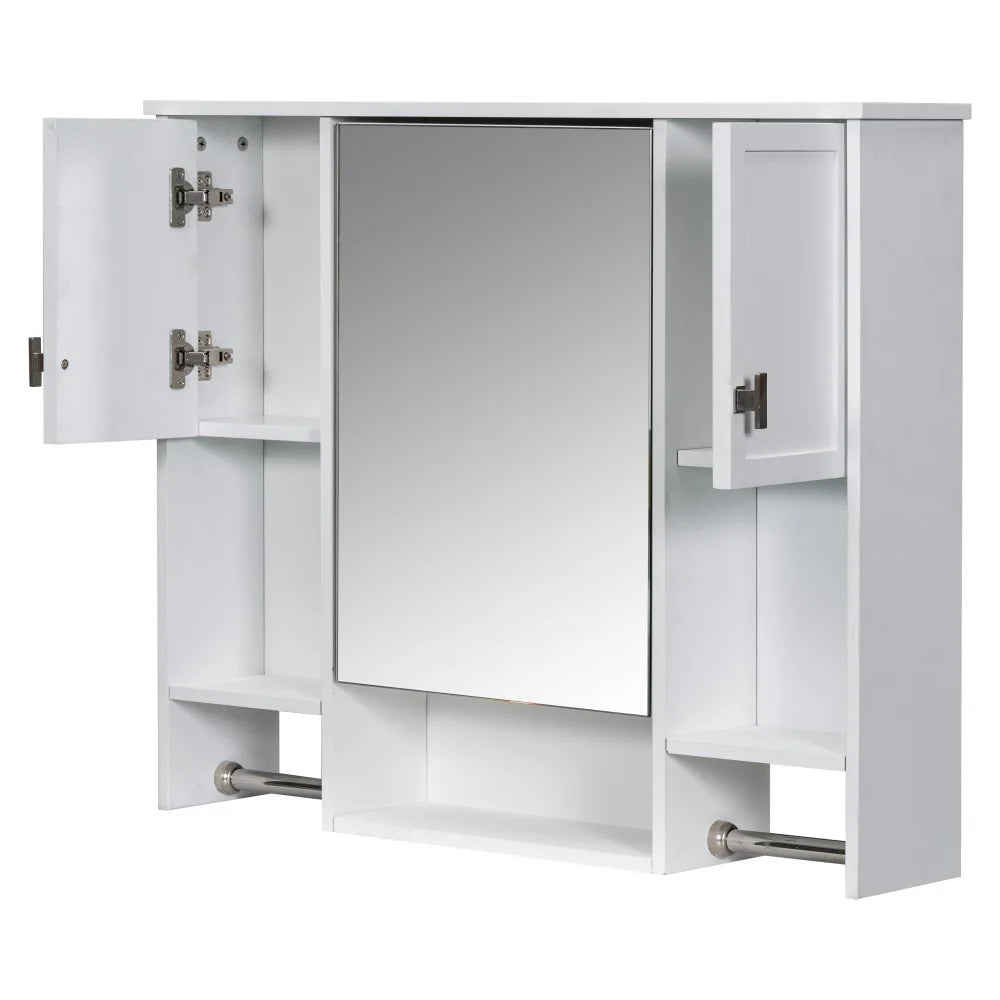 IVV Wall Mounted Bathroom Cabinet with Mirror, Modern Over The Toilet Storage Cabinet, White Medicine Cabinet Organizer with 3 Doors, 2 Towel Bars, Open Storage & Adjustable Shelves