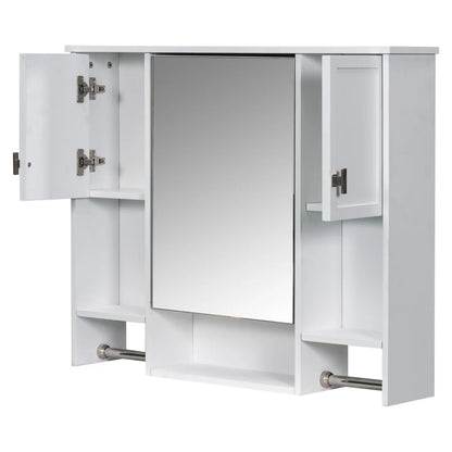 IVV Wall Mounted Bathroom Cabinet with Mirror, Modern Over The Toilet Storage Cabinet, White Medicine Cabinet Organizer with 3 Doors, 2 Towel Bars, Open Storage & Adjustable Shelves