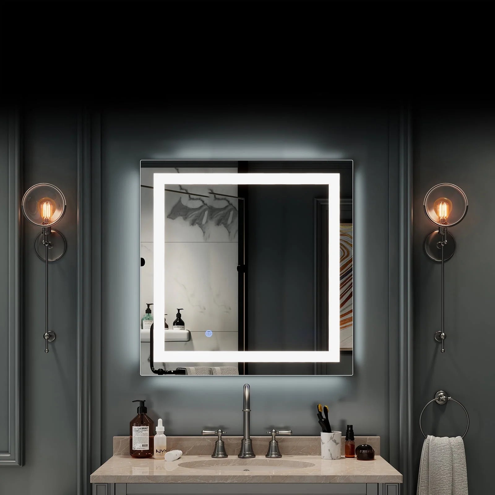 UBesGoo 32"x32'' Led Lighted Bathroom Mirror-Wall Mounted Touch Switch Illuminated Mirror,Vanity Mirrors for Home or Hotel,Silver
