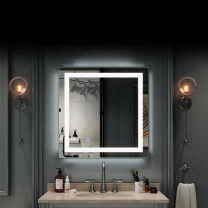 UBesGoo 32"x32'' Led Lighted Bathroom Mirror-Wall Mounted Touch Switch Illuminated Mirror,Vanity Mirrors for Home or Hotel,Silver