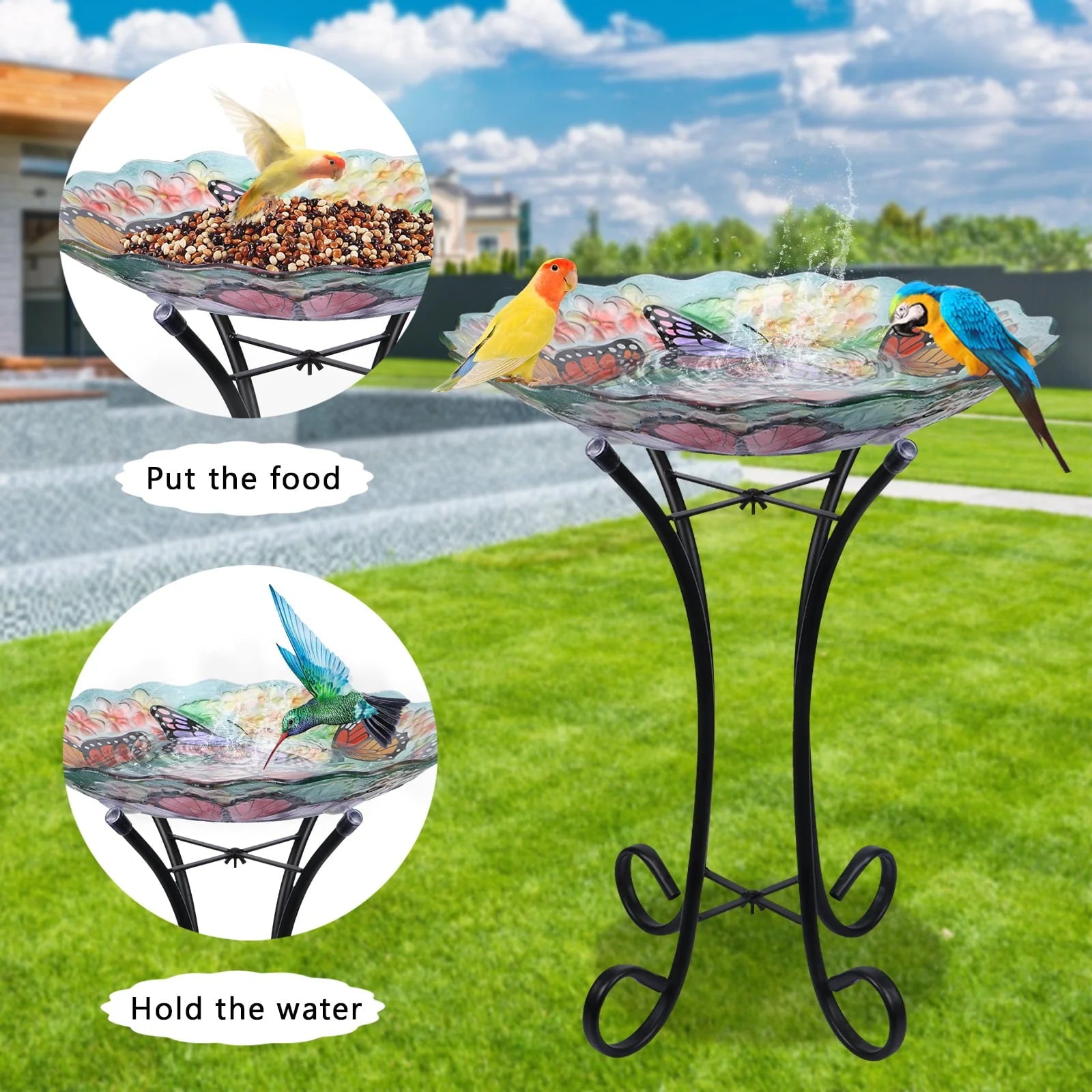 Glass Birdbath with Metal Stand Outdoor for Lawn Yard Garden Butterfly Decor, 18�?Dia 21.65�?Height