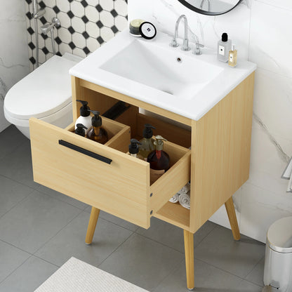 Harper & Bright Designs 24" Bathroom Vanity with Sink Set, Bathroom Vanity Cabinet with Ceramic Top and Drawer, Natural