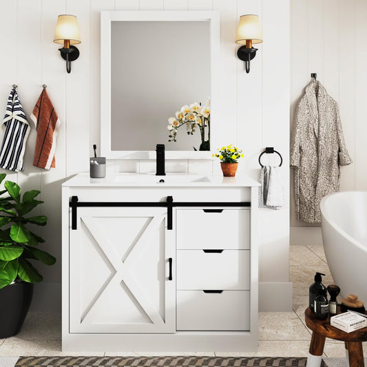 Blotout 36" Bathroom Vanity with Sink & Faucet & Mirror, Farmhouse Bathroom Vanity Cabinet Set with Sliding Barn Door & 3 Drawers, Freestanding Single Bath Storage Vanity Ceramic Sink, White