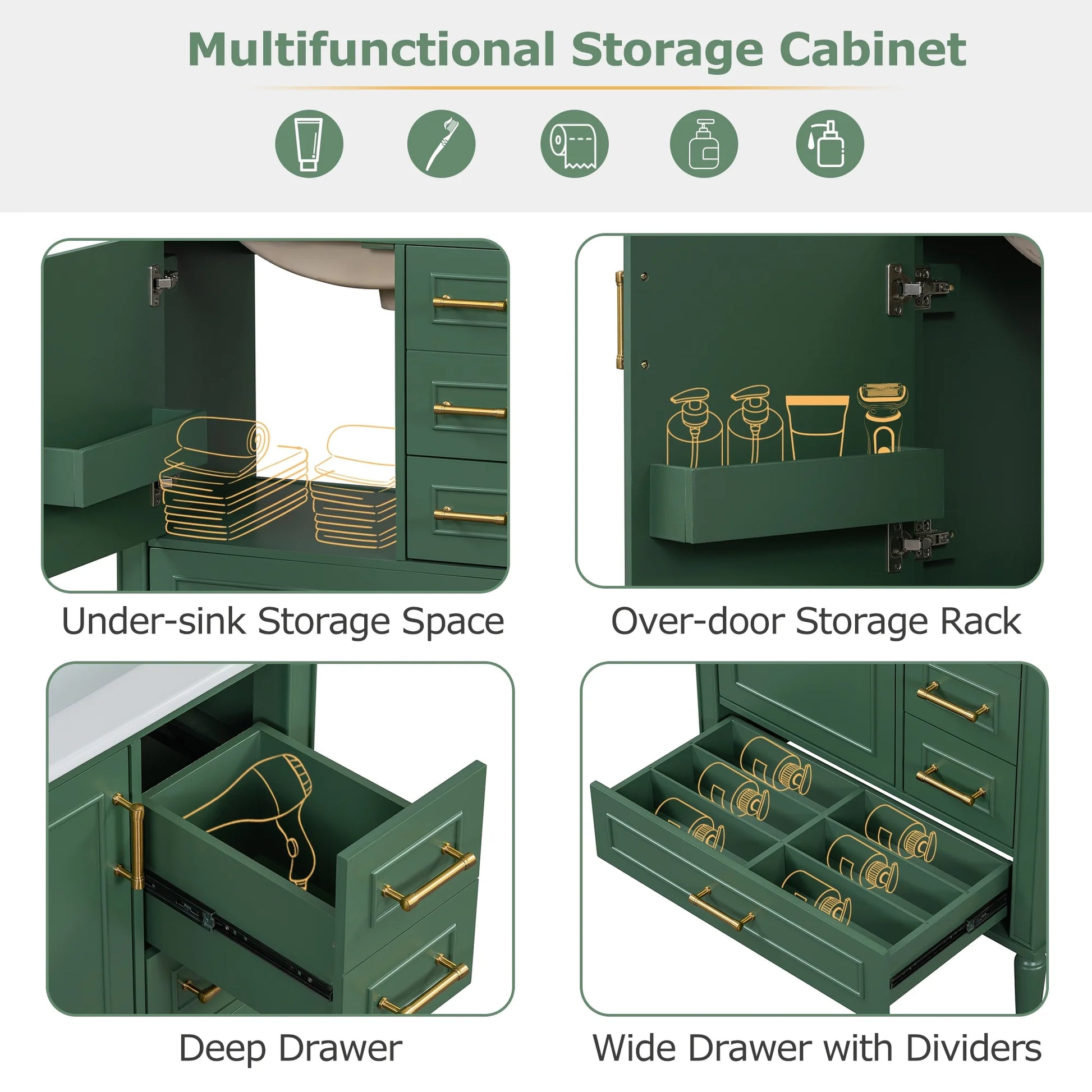 ENSHUI Traditional 30-Inch Bathroom Vanity Set, Floor Standing, with Three Drawers, Soft Close Doors, Long Gold Metal Handles