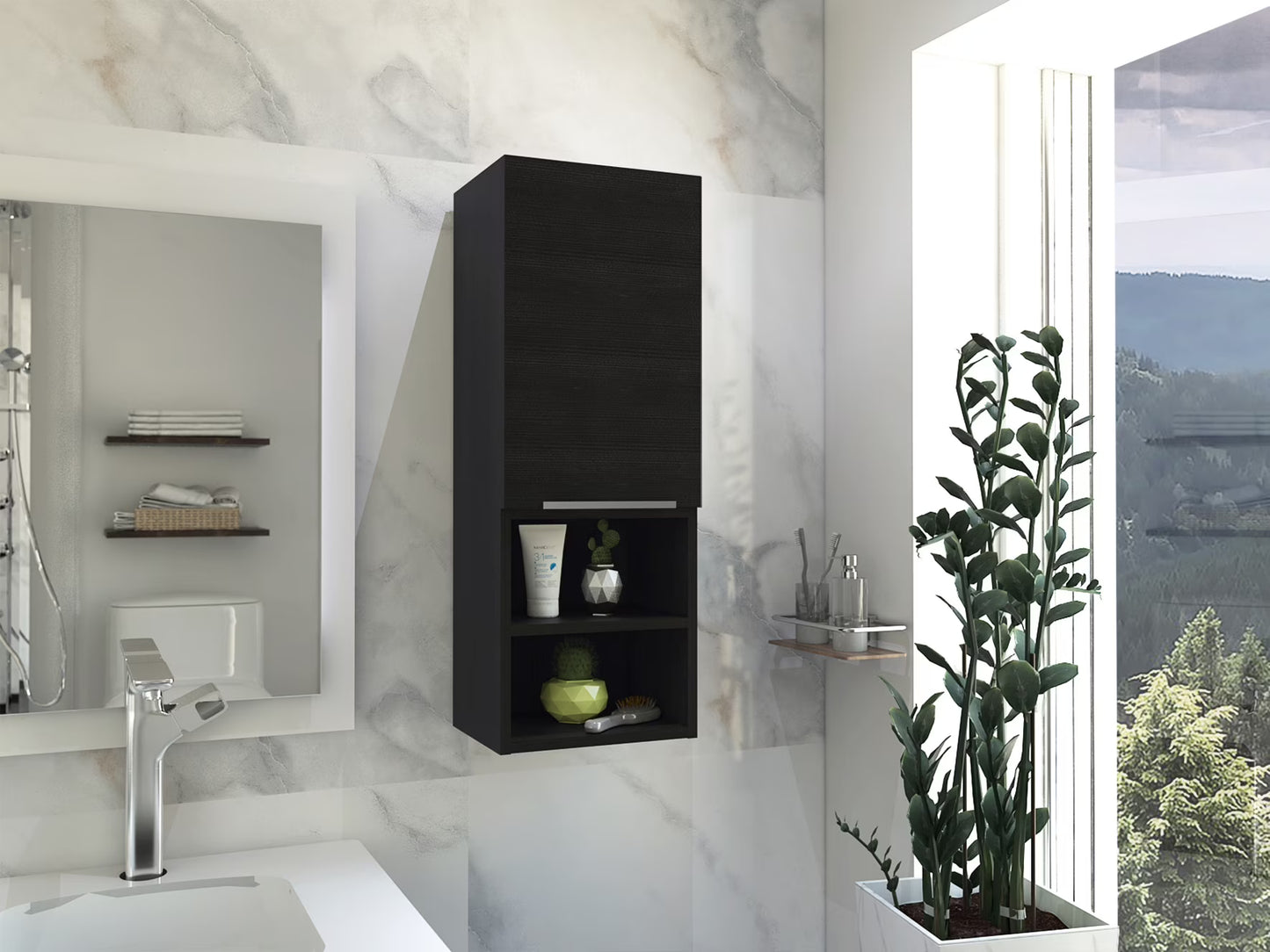 Particle Board Medicine Cabinet with 1 Doors and 2 Semi-open Shelves, Wall Cabinet for Bedroom,Living Room and Bathroom, Black