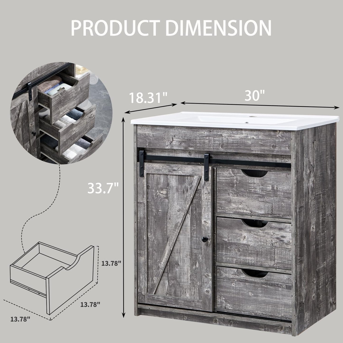 MIHOVER 30" Farmhouse Bathroom Vanity with Sink, Bathroom Dresser with 3 Drawers & Adjustable Shelves