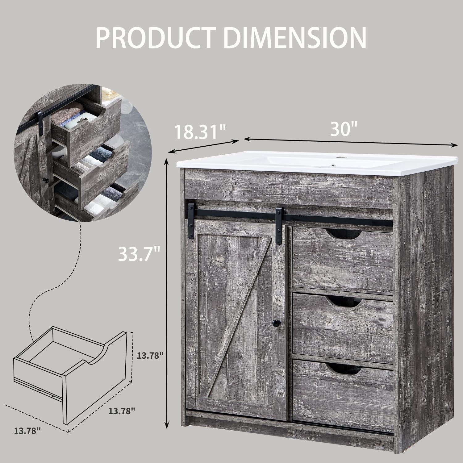 MIHOVER 30" Farmhouse Bathroom Vanity with Sink, Bathroom Dresser with 3 Drawers & Adjustable Shelves