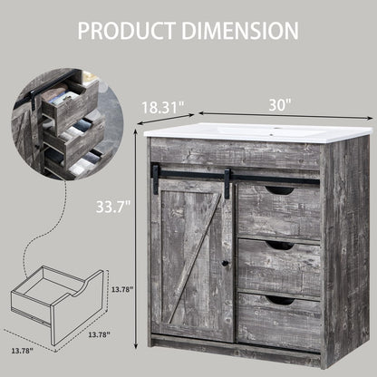 MIHOVER 30" Farmhouse Bathroom Vanity with Sink, Bathroom Dresser with 3 Drawers & Adjustable Shelves