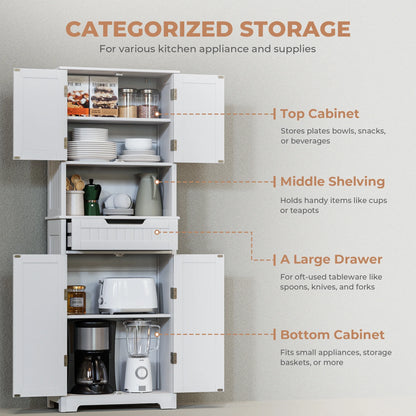 VVFLU Bathroom Storage Cabinet Tall, 67" Linen Cabinet Freestanding, Drawer Doors & Shelves, White