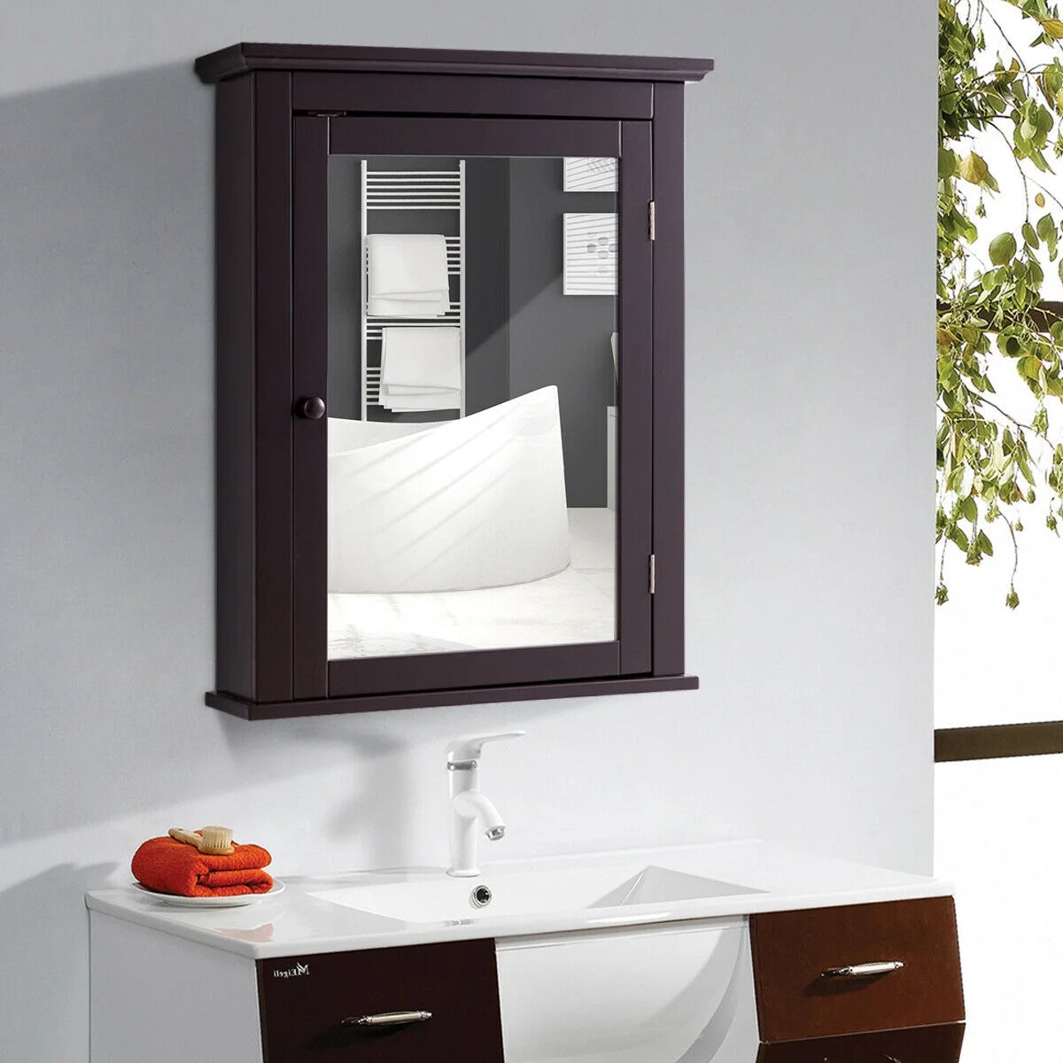 Gymax Bathroom Mirror Cabinet Adjustable Shelf Wall Mounted Medicine Storage Brown