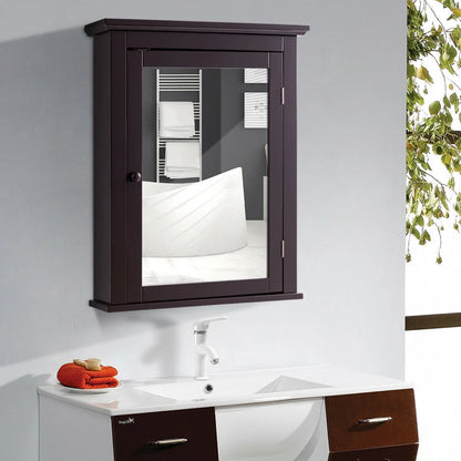 Gymax Bathroom Mirror Cabinet Adjustable Shelf Wall Mounted Medicine Storage Brown