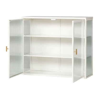 Hassch Wall Mounted Kitchen Pantry Sideboard with 2 Glass Doors, Metal Storage Cabinet Dining Cupboard for Bathroom Kitchen Living Room Dining Room, 27.56"L x 9.06"W x 23.62"H, White