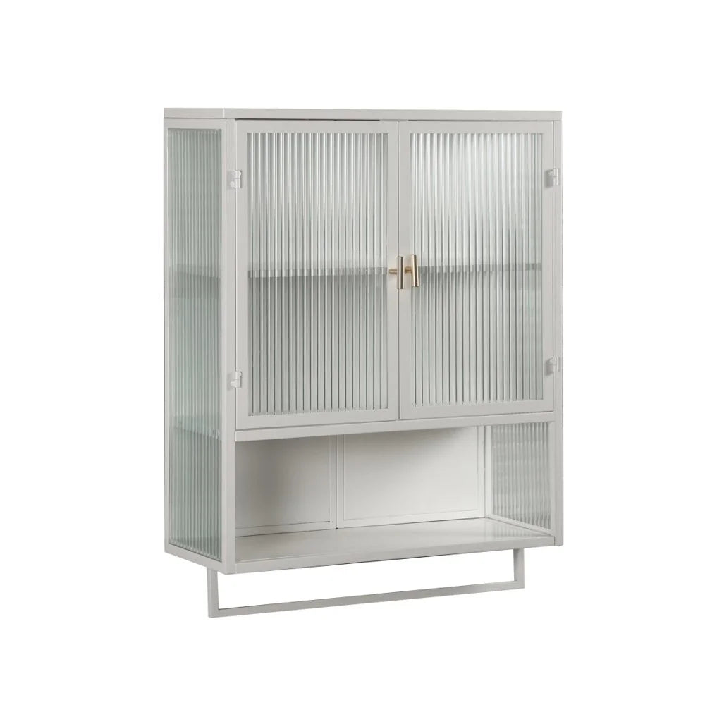 Tcbosik Modern Metal Wall Storage Cabinet with 2 Glass Door and Detachable Shelf, Open Shelf, and Towel Bar, Vintage Cabinet for Kitchen Dining, Bathroom, Living Room, White