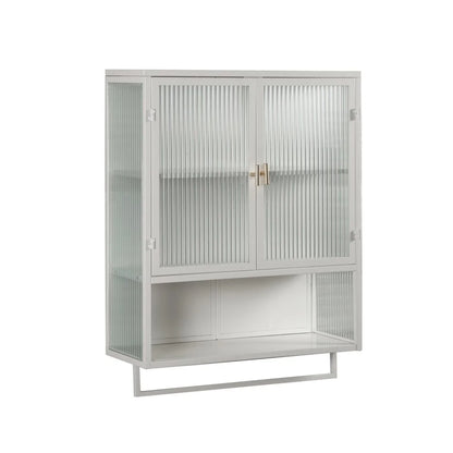Tcbosik Modern Metal Wall Storage Cabinet with 2 Glass Door and Detachable Shelf, Open Shelf, and Towel Bar, Vintage Cabinet for Kitchen Dining, Bathroom, Living Room, White