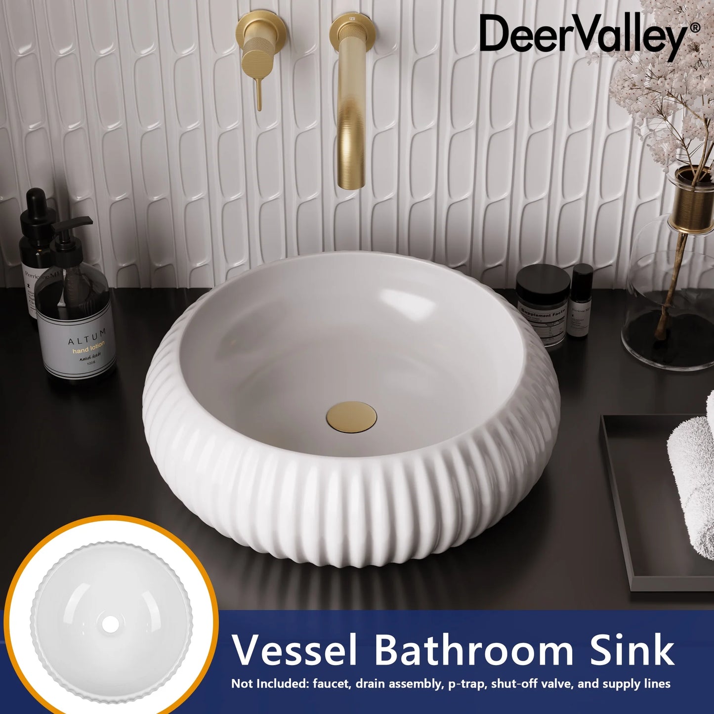 DV-1V0223 DeerValley 16" x 5'' Bathroom Sink,White Ceramic Circular Vessel Sink,Vitreous China Vessel Bathroom Sink with Fluted Sides and Overflow