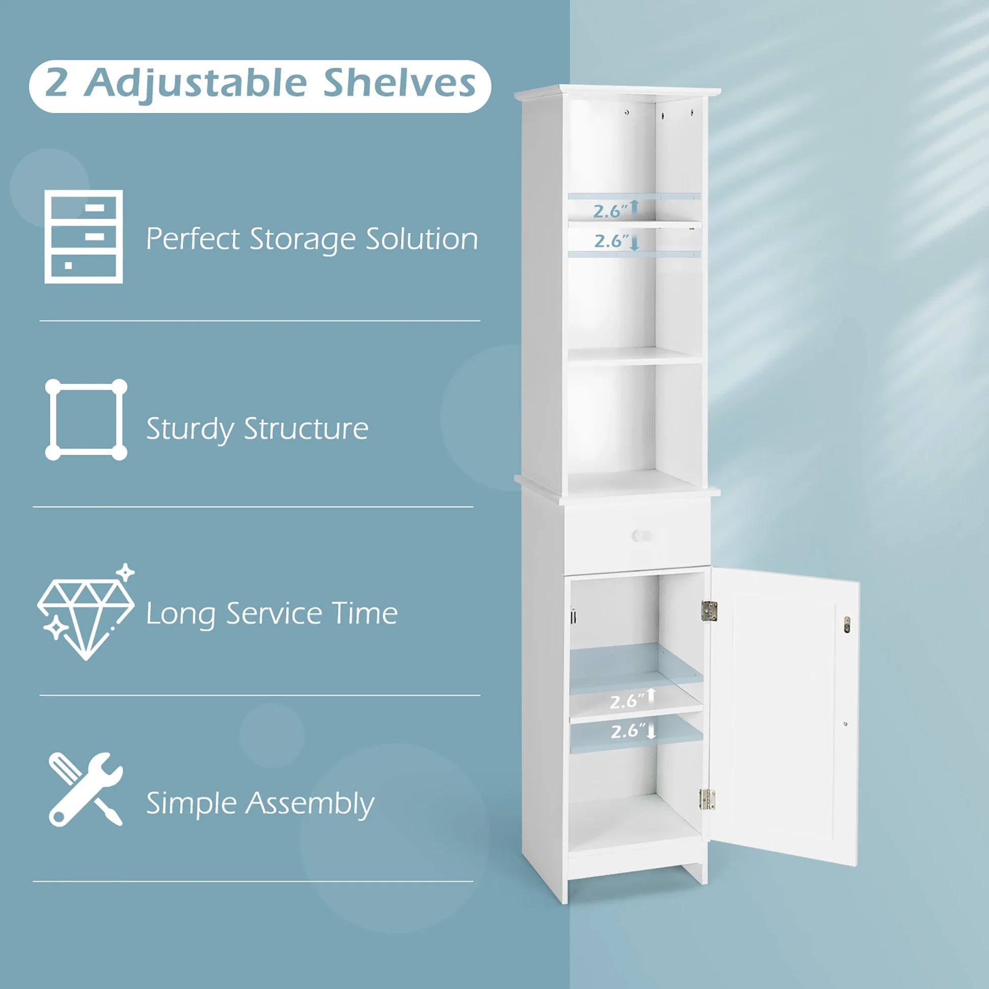 Costway Bathroom Tall Storage Cabinet Freestanding Linen Tower w/ Open Shelves & Drawer