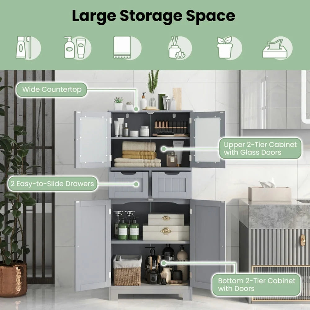 Resenkos 4 Door Freee-Standing Bathroom Cabinet with 2 Drawers and Glass Doors-Gray, Bathroom Cabinets for Entryway Storage, Home Office Furniture