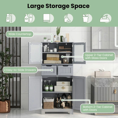 Resenkos 4 Door Freee-Standing Bathroom Cabinet with 2 Drawers and Glass Doors-Gray, Bathroom Cabinets for Entryway Storage, Home Office Furniture