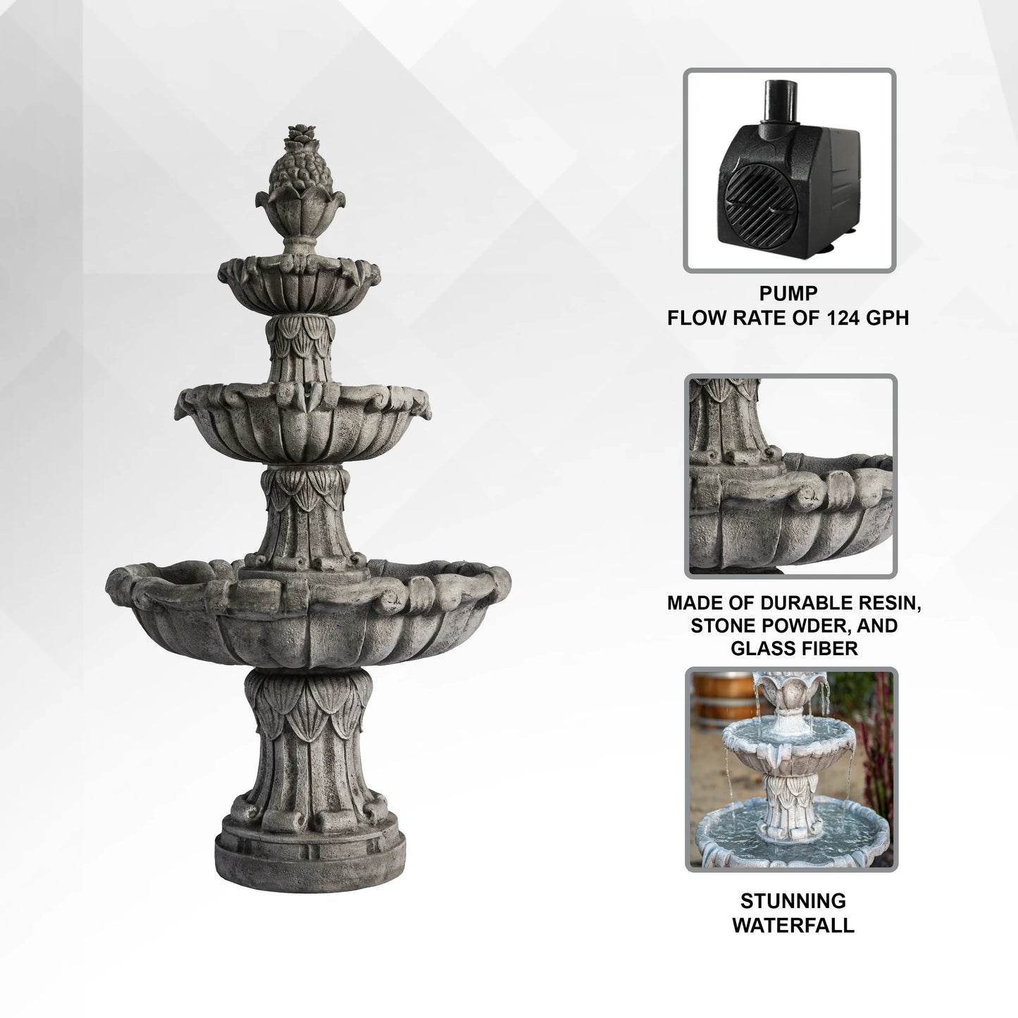XBrand 58.3" 3-Tier Outdoor Freestanding Water Fountain - Classic Leaf Design, Gray Resin, Large Bird Bath with Pump - Ideal for Yard, Lawn and Garden, Porch Décor