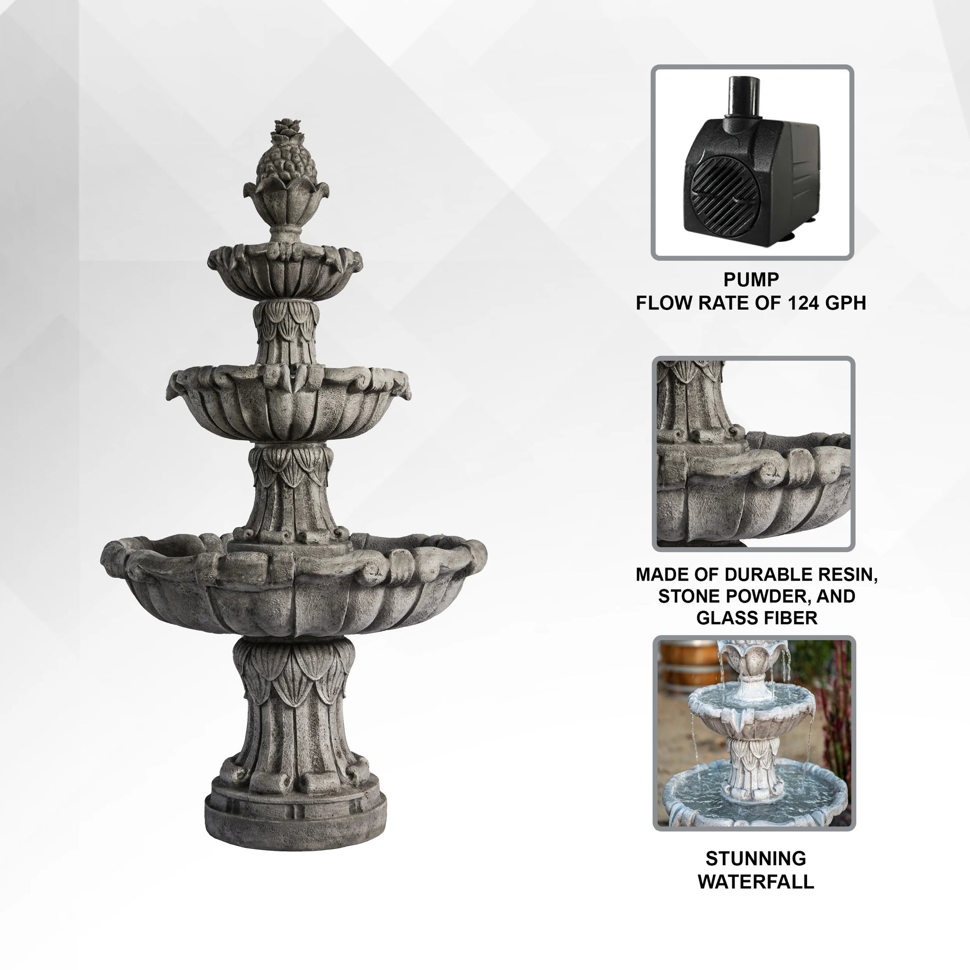 XBrand 58.3" 3-Tier Outdoor Freestanding Water Fountain - Classic Leaf Design, Gray Resin, Large Bird Bath with Pump - Ideal for Yard, Lawn and Garden, Porch Décor