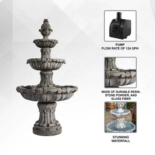 XBrand 58.3" 3-Tier Outdoor Freestanding Water Fountain - Classic Leaf Design, Gray Resin, Large Bird Bath with Pump - Ideal for Yard, Lawn and Garden, Porch Décor