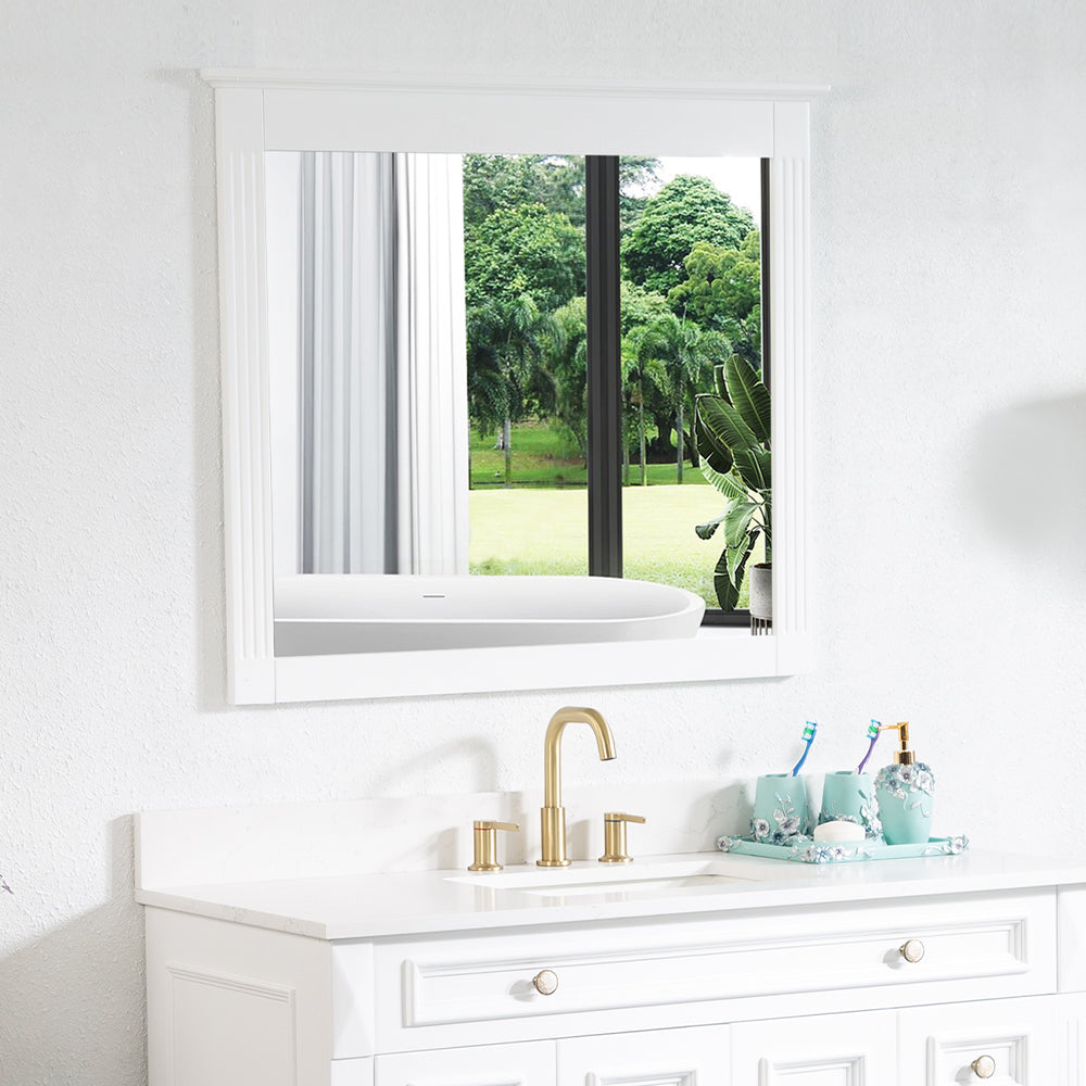 Forclover 38" x 33" Rectangle Wall-Mounted Wooden Framed Vanity Mirror, Makeup Bathroom Wall Mirror for Bathroom Living Room Entryway, White