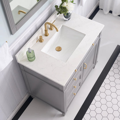 FORCLOVER 36" Bathroom Vanity with Sink Top Combo Set, Freestanding Solid Wood Bathroom Makeup Cabinet W/ 1 Soft-Close Door and 3 Soft-Close Drawers, Carrara White Quartz Countertop, Grey