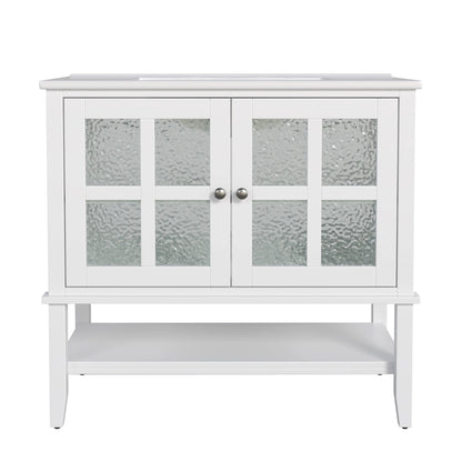 Christopher Knight Home 36" Bathroom Vanity with Sink, Textured Glass Doors, Open Shelf, White