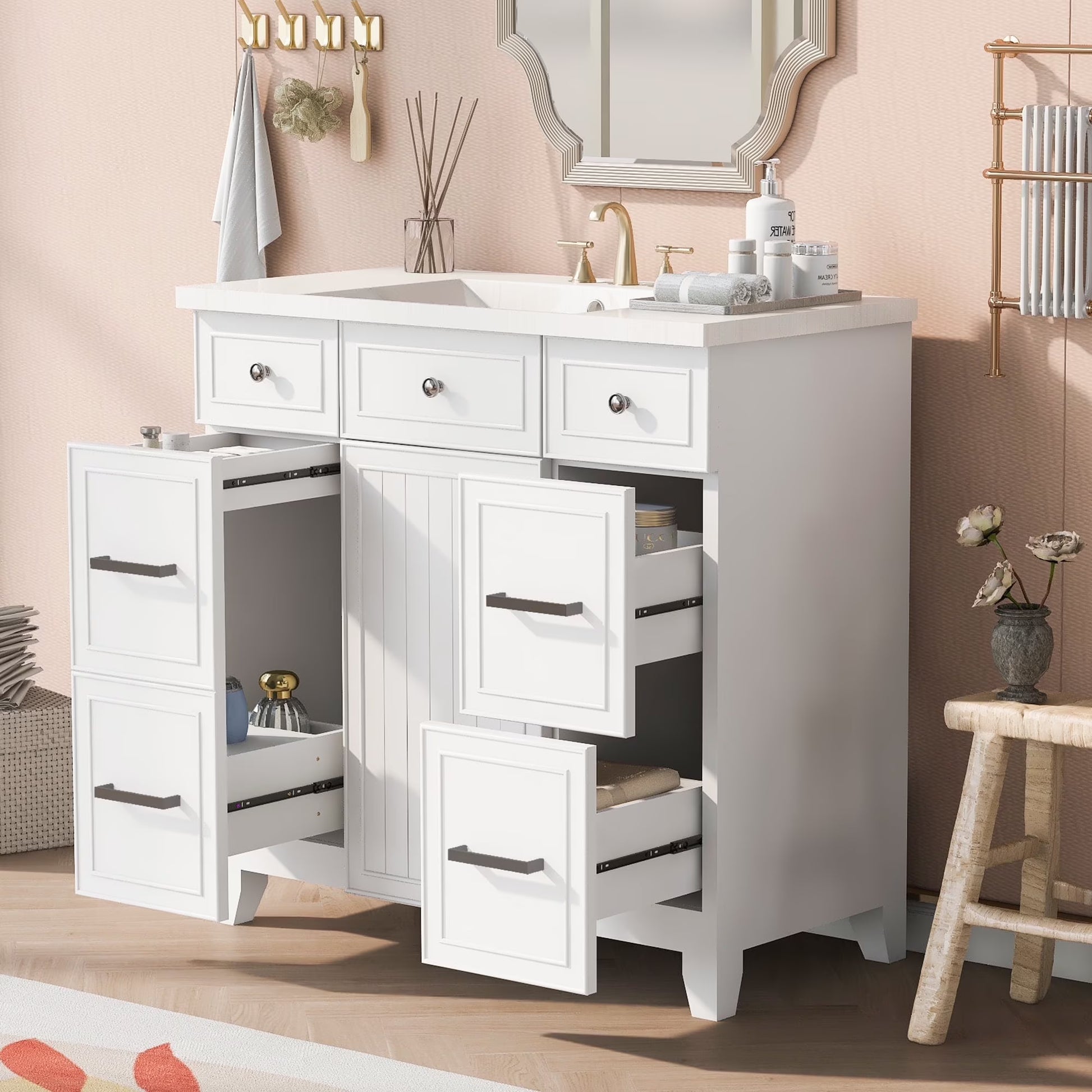 viswild 30" Bathroom Vanity with Ceramic Sink, Soft Close Drawers & Adjustable Shelf, Compact Freestanding Cabinet for Small Spaces, Black