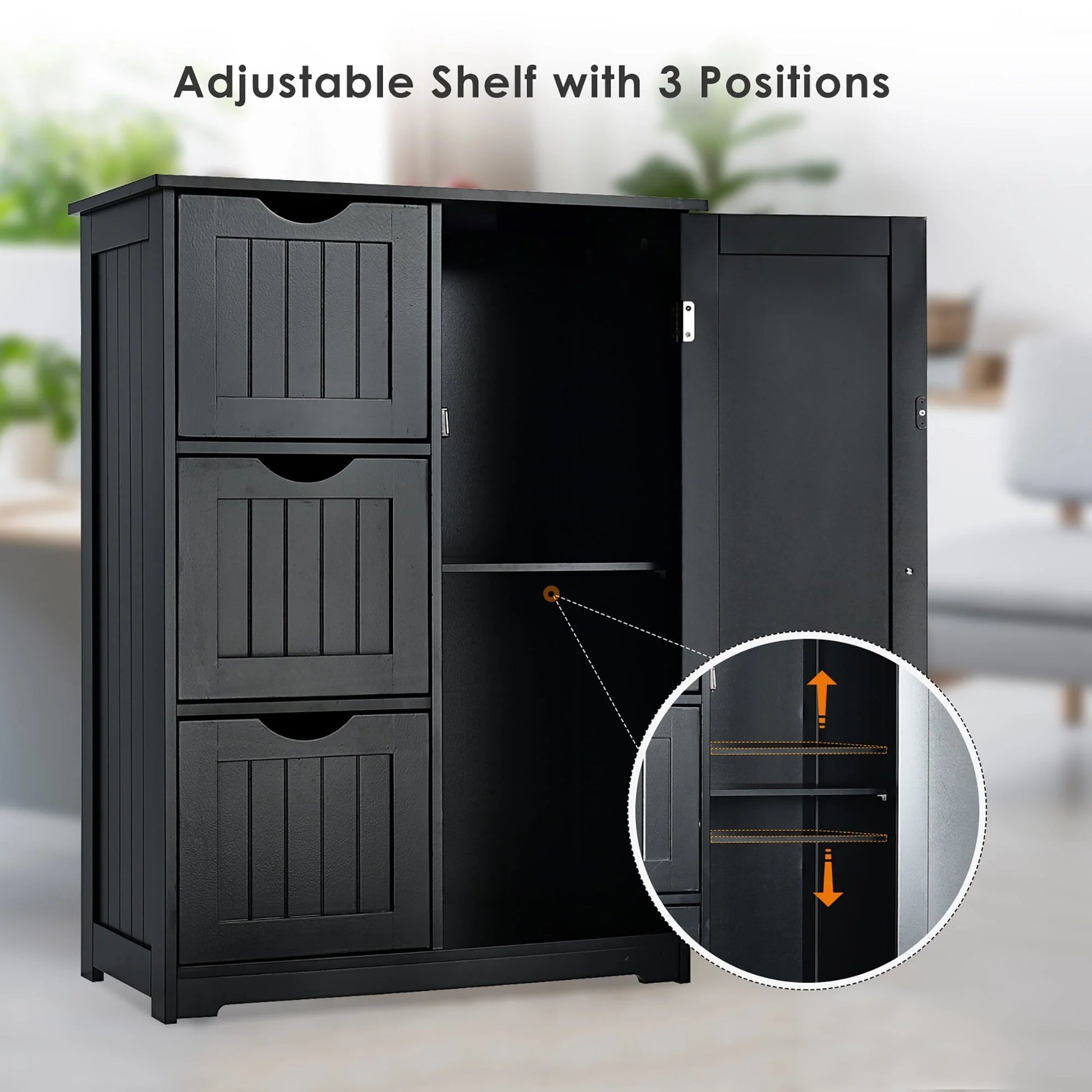 Costway Bathroom Floor Cabinet Side Storage Cabinet with 3 Drawers and 1 Cupboard Black