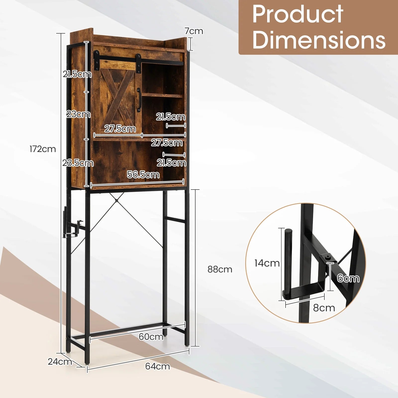 Topbuy Over The Toilet Storage Cabinet 4-Tier Bathroom Organizer w/ Adjustable Shelves Sliding Barn Door & Toilet Paper Holder Rustic Brown